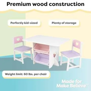 KidKraft Wooden Heart Table & Chair Set with 4 Storage Bins, Children's Furniture – Pink, Purple & White, Gift for Ages 3-8
