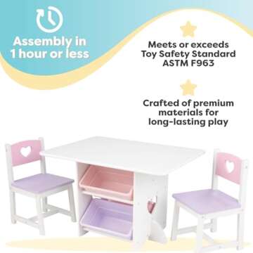 KidKraft Wooden Heart Table & Chair Set with 4 Storage Bins, Children's Furniture – Pink, Purple & White, Gift for Ages 3-8