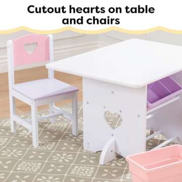 KidKraft Wooden Heart Table & Chair Set with 4 Storage Bins, Children's Furniture – Pink, Purple & White, Gift for Ages 3-8