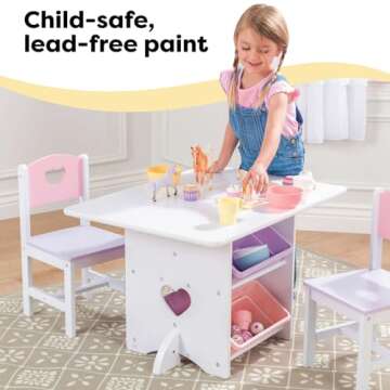 KidKraft Wooden Heart Table & Chair Set with 4 Storage Bins, Children's Furniture – Pink, Purple & White, Gift for Ages 3-8
