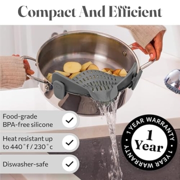 Kitchen Gizmo Snap N' Strain - Silicone Pasta Strainer Clip-On for Pots and Pans - Heat Resistant Colander for Vegetables and Noodles - Kitchen Gadgets for Cooking - Space-Saving Design - Grey