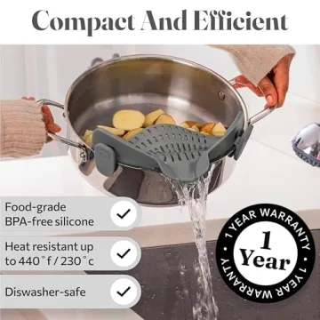 Kitchen Gizmo Snap N' Strain - Silicone Pasta Strainer Clip-On for Pots and Pans - Heat Resistant Colander for Vegetables and Noodles - Kitchen Gadgets for Cooking - Space-Saving Design - Grey