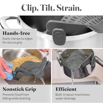 Kitchen Gizmo Snap N' Strain - Silicone Pasta Strainer Clip-On for Pots and Pans - Heat Resistant Colander for Vegetables and Noodles - Kitchen Gadgets for Cooking - Space-Saving Design - Grey