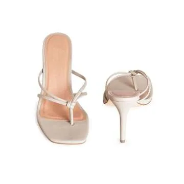 Coutgo Womens Heeled Sandals Strappy Square Toe Flip Flops Fashion Thong Slip on Stiletto Sandals, Beige, Size 8.5