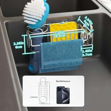 HapiRm 4 in 1 Adhesive Sink Caddy Sponge Holder, SUS304 Stainless Steel Sink Basket Brush Holder + Dish Cloth Hanger + Soap Rack + Sink Stopper Rack + Sponge Caddy for Kitchen - Silver