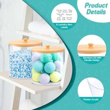 JYPS Laundry Pods Container for Laundry Room Organization and Storage, Large Capacity Acrylic Laundry Detergent Powder Container Dispenser with Bamboo Lids for Organizing