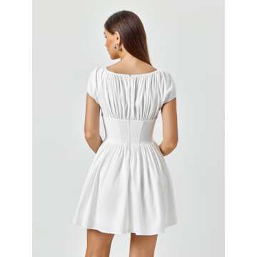 JKMNAO Women's 2024 Summer Square Neck Corset Causal A Line Dress Short Sleeve Flowy Swing Mini Ruffle Dresses White