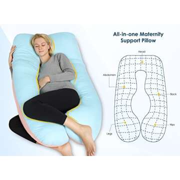 QUEEN ROSE 55in Pregnancy Pillow, U-Shaped Full Body Pillow for Back Support with Satin Cover for Anyone,Blue and Pink