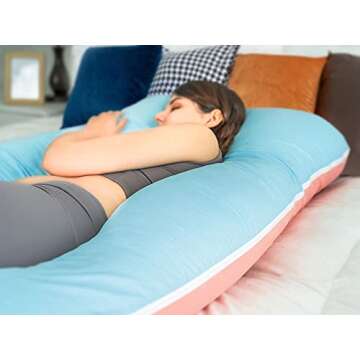 QUEEN ROSE 55in Pregnancy Pillow, U-Shaped Full Body Pillow for Back Support with Satin Cover for Anyone,Blue and Pink