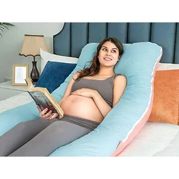 QUEEN ROSE 55in Pregnancy Pillow, U-Shaped Full Body Pillow for Back Support with Satin Cover for Anyone,Blue and Pink