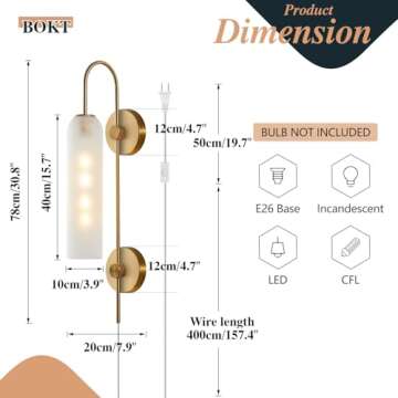 BOKT Mid Century Modern Plug in Wall Sconces Indoor Long Brushed Gold Milk White Glass Sconces Wall ...