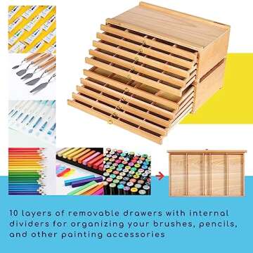 MEEDEN 10-Drawer Artist Supply Storage Box - Large Capacity Multi-Function Beech-Wood Pencil Box with Drawer & Compartments for Organizing Pastels, Pencils, Pens, Markers, Brushes & Stamp