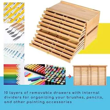 MEEDEN 10-Drawer Artist Supply Storage Box - Large Capacity Multi-Function Beech-Wood Pencil Box with Drawer & Compartments for Organizing Pastels, Pencils, Pens, Markers, Brushes & Stamp