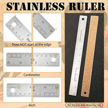 3 Pieces Stainless Steel Cork Base Rulers 12 Inches 30 cm Non Slip Straight Edge Ruler, Inch and Met...