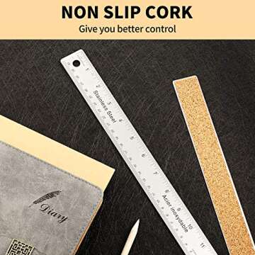 3 Pieces Stainless Steel Cork Base Rulers 12 Inches 30 cm Non Slip Straight Edge Ruler, Inch and Metric Graduations Measuring Corkback Ruler for School Office Drawing Measuring Engineering Woodworking