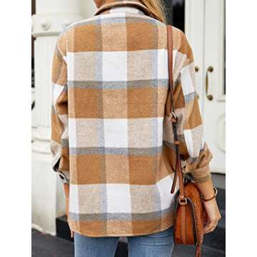 Womens Casual Plaid Shirts Long Sleeve Brushed Flannel Lapel Button Down Pocketed Loose Jacket Coats Khaki