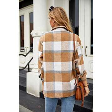 Womens Casual Plaid Shirts Long Sleeve Brushed Flannel Lapel Button Down Pocketed Loose Jacket Coats Khaki