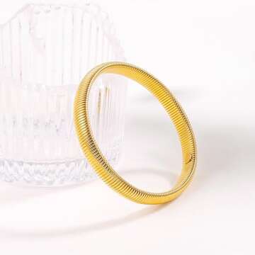 CONRAN KREMIX Gold Chunky Bangle Stretch Bracelets For Women 14K Real Gold Filled Stainless Steel Cuff Bracelet Non Tarnish Trendy Jewelry 10MM