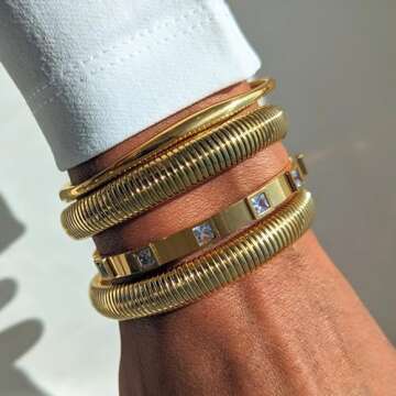 CONRAN KREMIX Gold Chunky Bangle Stretch Bracelets For Women 14K Real Gold Filled Stainless Steel Cuff Bracelet Non Tarnish Trendy Jewelry 10MM