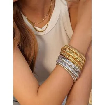 CONRAN KREMIX Gold Chunky Bangle Stretch Bracelets For Women 14K Real Gold Filled Stainless Steel Cuff Bracelet Non Tarnish Trendy Jewelry 10MM