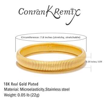 CONRAN KREMIX Gold Chunky Bangle Stretch Bracelets For Women 14K Real Gold Filled Stainless Steel Cuff Bracelet Non Tarnish Trendy Jewelry 10MM