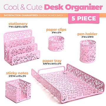 MissionMax Pink Desk Organizer 5 Piece Cute Room Decor & Office Accessories for Women and Teen Girls...