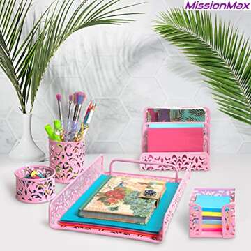 MissionMax Pink Desk Organizer 5 Piece Cute Room Decor & Office Accessories for Women and Teen Girls Room. Great for Office & School Supplies, Organization of Mail, Post-It, File Holder and more