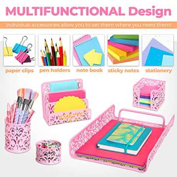 MissionMax Pink Desk Organizer 5 Piece Cute Room Decor & Office Accessories for Women and Teen Girls Room. Great for Office & School Supplies, Organization of Mail, Post-It, File Holder and more