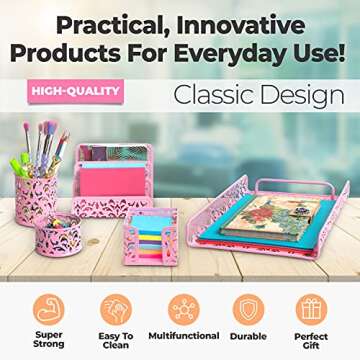 MissionMax Pink Desk Organizer 5 Piece Cute Room Decor & Office Accessories for Women and Teen Girls Room. Great for Office & School Supplies, Organization of Mail, Post-It, File Holder and more