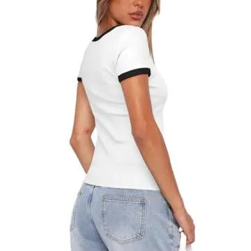 Darong Women Summer Crewneck Short Sleeve Color Block Shirts Slim Fit Ribbed Knit Basic Tee Tops 906...