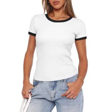 Darong Women Summer Crewneck Short Sleeve Color Block Shirts Slim Fit Ribbed Knit Basic Tee Tops 9060 White M