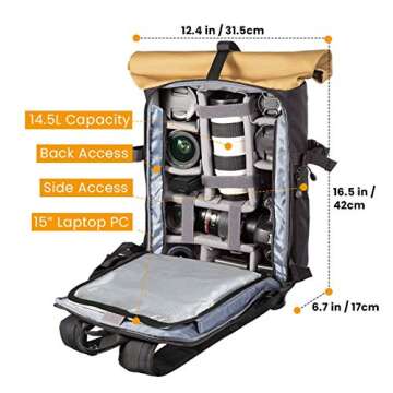 TARION Pro XP Camera Backpack Waterproof Hard Shell Roll Top Expandable Large Camera Case with 15" Laptop Compartment Rain Cover for Camera Lens Tripod Back Access Phtography Hiking Camera Bag