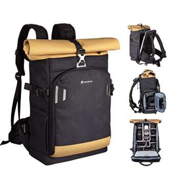 TARION Pro XP Camera Backpack Waterproof Hard Shell Roll Top Expandable Large Camera Case with 15" Laptop Compartment Rain Cover for Camera Lens Tripod Back Access Phtography Hiking Camera Bag
