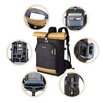 TARION Pro XP Camera Backpack Waterproof Hard Shell Roll Top Expandable Large Camera Case with 15" Laptop Compartment Rain Cover for Camera Lens Tripod Back Access Phtography Hiking Camera Bag