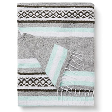 Teal and Gray Mexican Blanket - Versatile Handmade Serape for Beach Yoga and Home Decor