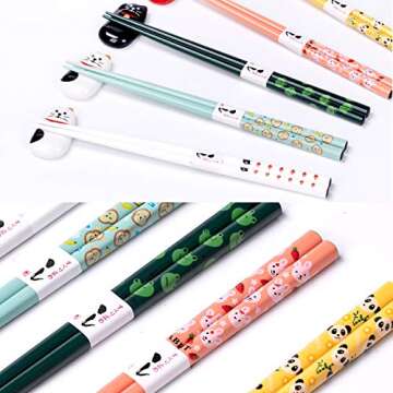 JUMILAND Chopsticks and Chopstick Holder -- Cute Chopsticks and Lucky Cat Chopstick Rest Set, 5 Animal Chopsticks and Cute Lucky 5 Cats Natural Wood Reusable Chopsticks, Chopsticks Holder Gift Set