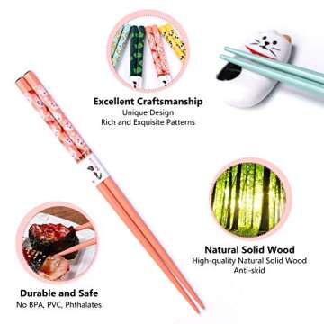 JUMILAND Chopsticks and Chopstick Holder -- Cute Chopsticks and Lucky Cat Chopstick Rest Set, 5 Animal Chopsticks and Cute Lucky 5 Cats Natural Wood Reusable Chopsticks, Chopsticks Holder Gift Set