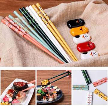JUMILAND Chopsticks and Chopstick Holder -- Cute Chopsticks and Lucky Cat Chopstick Rest Set, 5 Animal Chopsticks and Cute Lucky 5 Cats Natural Wood Reusable Chopsticks, Chopsticks Holder Gift Set
