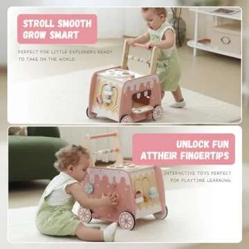 Wooden Baby Walker, Multifunctional Ice Cream Cart Activity Toy for Learning to Push Walk with Wheels, Pretend Playset Ideal for Toddlers, Boys and Girls Ages 1-3
