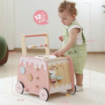 Wooden Baby Walker, Multifunctional Ice Cream Cart Activity Toy for Learning to Push Walk with Wheels, Pretend Playset Ideal for Toddlers, Boys and Girls Ages 1-3