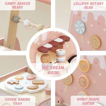 Wooden Baby Walker, Multifunctional Ice Cream Cart Activity Toy for Learning to Push Walk with Wheels, Pretend Playset Ideal for Toddlers, Boys and Girls Ages 1-3