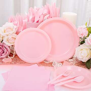 WELLIFE 210 Pieces Pink Party Supplies, Disposable Dinnerware Set, Including Pink Plastic Plates, 12OZ Pink Cups, Pink Plastic Cutlery and Paper Napkins Serve 30 Guests for Party