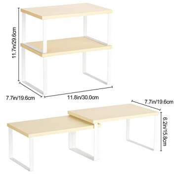 CADUKE Set of 2 Cabinet Kitchen Shelves Stackable Countertop Shelf and Expandable Wood Cabinet Organizer Shelves for Bathroom Study Room, White