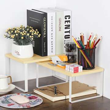 CADUKE Set of 2 Cabinet Kitchen Shelves Stackable Countertop Shelf and Expandable Wood Cabinet Organizer Shelves for Bathroom Study Room, White