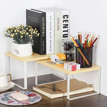 CADUKE Set of 2 Cabinet Kitchen Shelves Stackable Countertop Shelf and Expandable Wood Cabinet Organizer Shelves for Bathroom Study Room, White