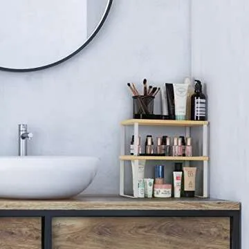 CADUKE Set of 2 Cabinet Kitchen Shelves Stackable Countertop Shelf and Expandable Wood Cabinet Organizer Shelves for Bathroom Study Room, White