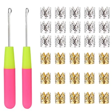 2 PCS Latch Hook Crochet Needle(0.2in + 0.15in) + 30 PCS Dreadlocks Hair Ring, Crochet Hooks for Hai...