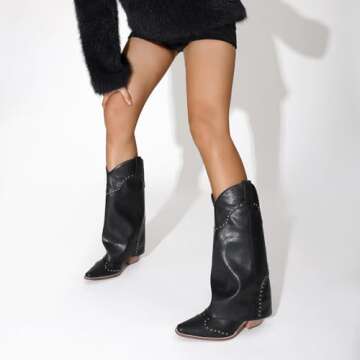 RONILURN Fold Over Women Shark Boots for Stylish Cowgirls