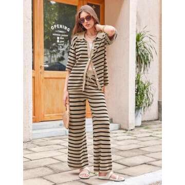 Tankaneo Womens Knit 2 Piece Lounge Sets Striped Short Sleeve Tops and Wide Leg Pants Travel Airport...