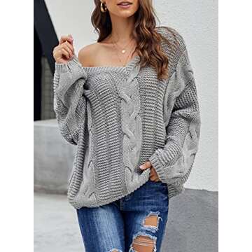 Ecrocoo Women's Off The Shoulder Long Sleeve V-Neck Ribbed Cable Knit Sweaters Pullover 2023 Fashion Fall Winter Oversized Chunky Loose Fitting Tops,Gray L